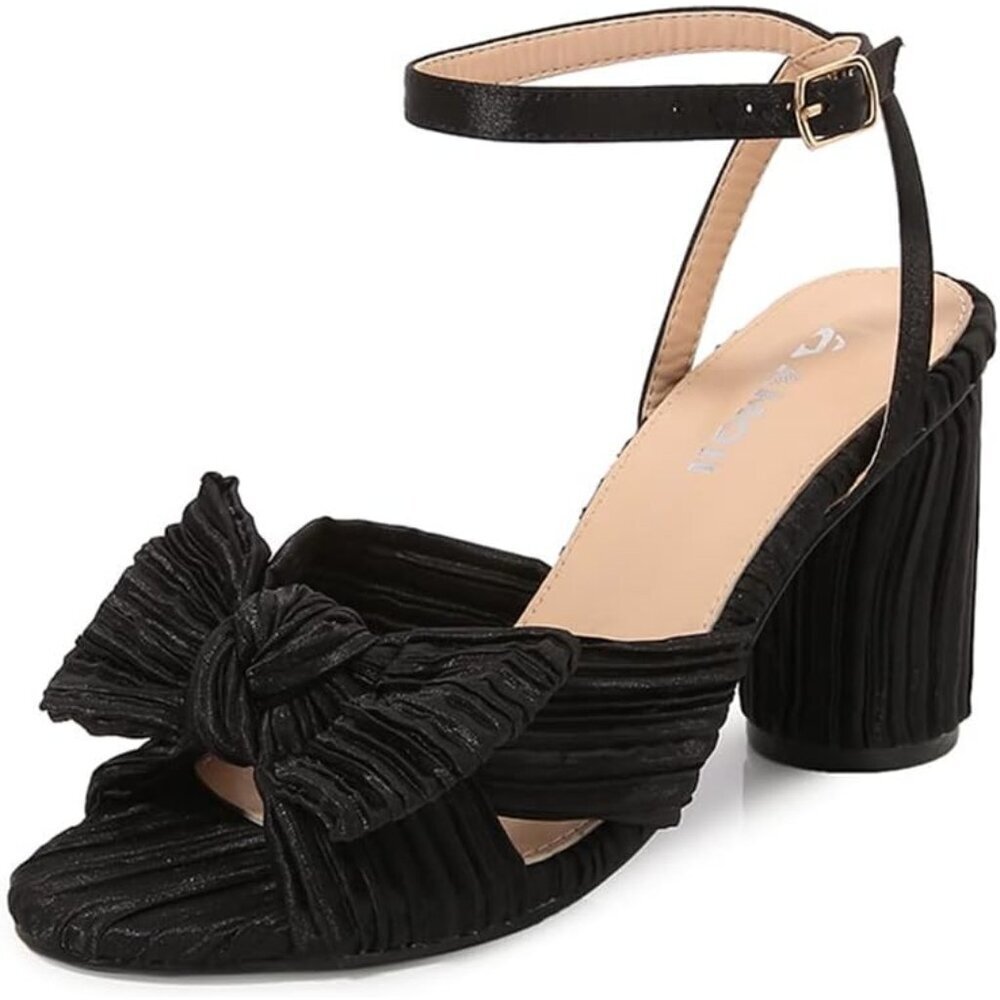 🆕Women Black Ankle Strap Bowknot Chunky Wedding Party Dress Shoes Heeled Sandal